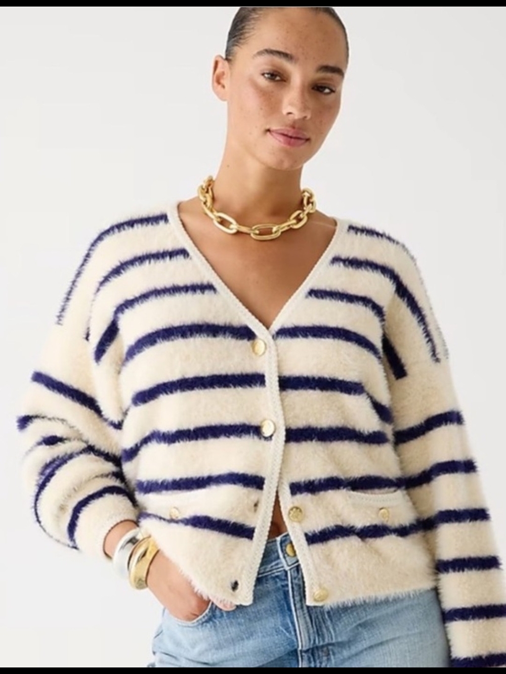 J. Crew Cream Fuzzy V‑Neck Cardigan with Navy Stripes